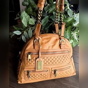 Badgley Mischka Caramel Leather American Glamour Bag With Bronze Studs. NWT